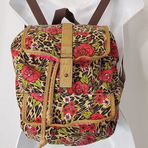 Bongo Backpack Purse Bag Leopard Roses Print Canvas Khaki Brown Red Boho Punk